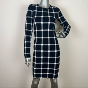 Windowpane Black and White Knit Long Sleeve Sheath Bodycon Dress Sz M runs small